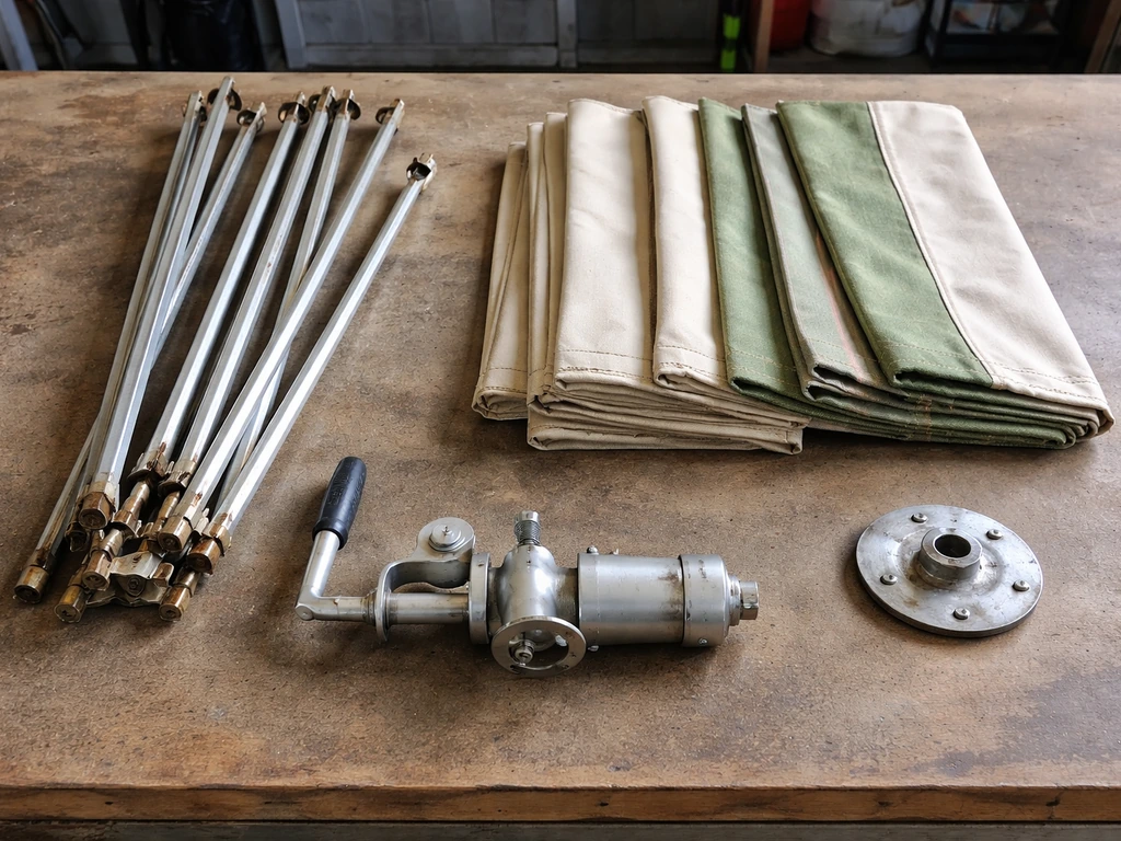 Umbrella frame, ribs, canopy panels, crank assembly, and base grouped on a workbench for repurposing.