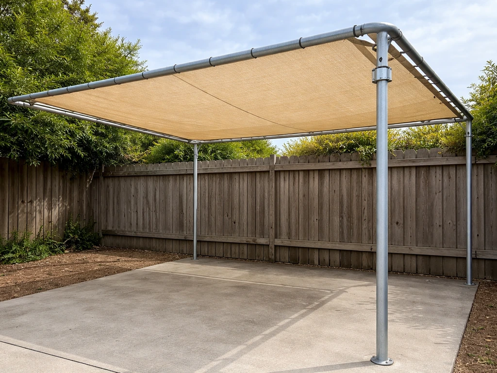 Fixed-height patio shade frame with new fabric tensioned over a work area, viewed at eye level.
