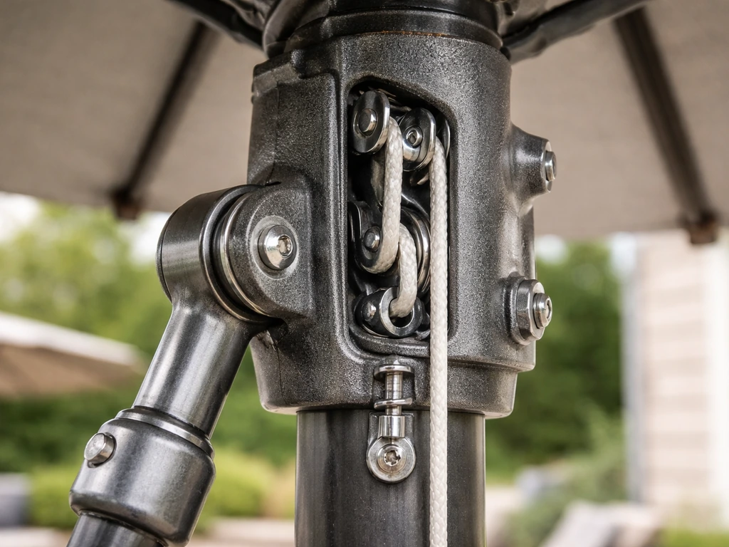 Close-up of a patio umbrella pulley hub with canopy partially raised, showing lift rope and pulleys