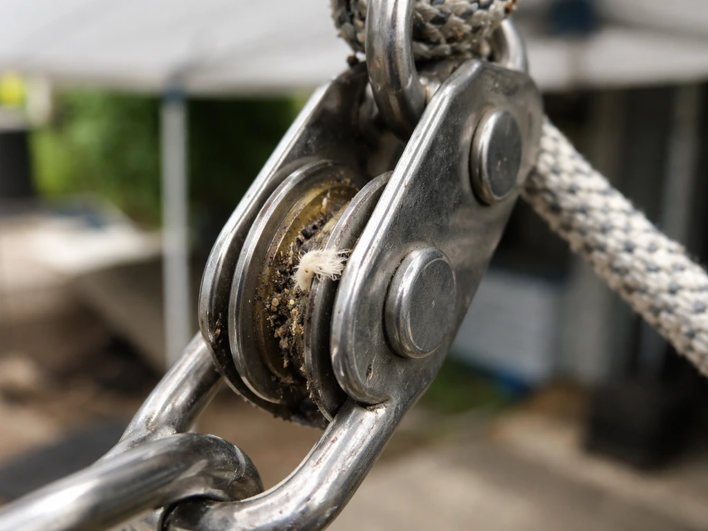 Close-up of a pulley wheel groove jammed with grit and a frayed cord piece.