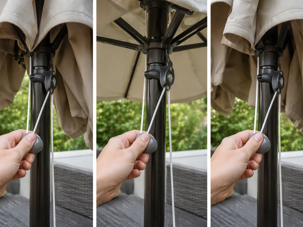 Close-up of an umbrella canopy being slowly cranked open and closed, showing smooth rope travel and proper stopping.