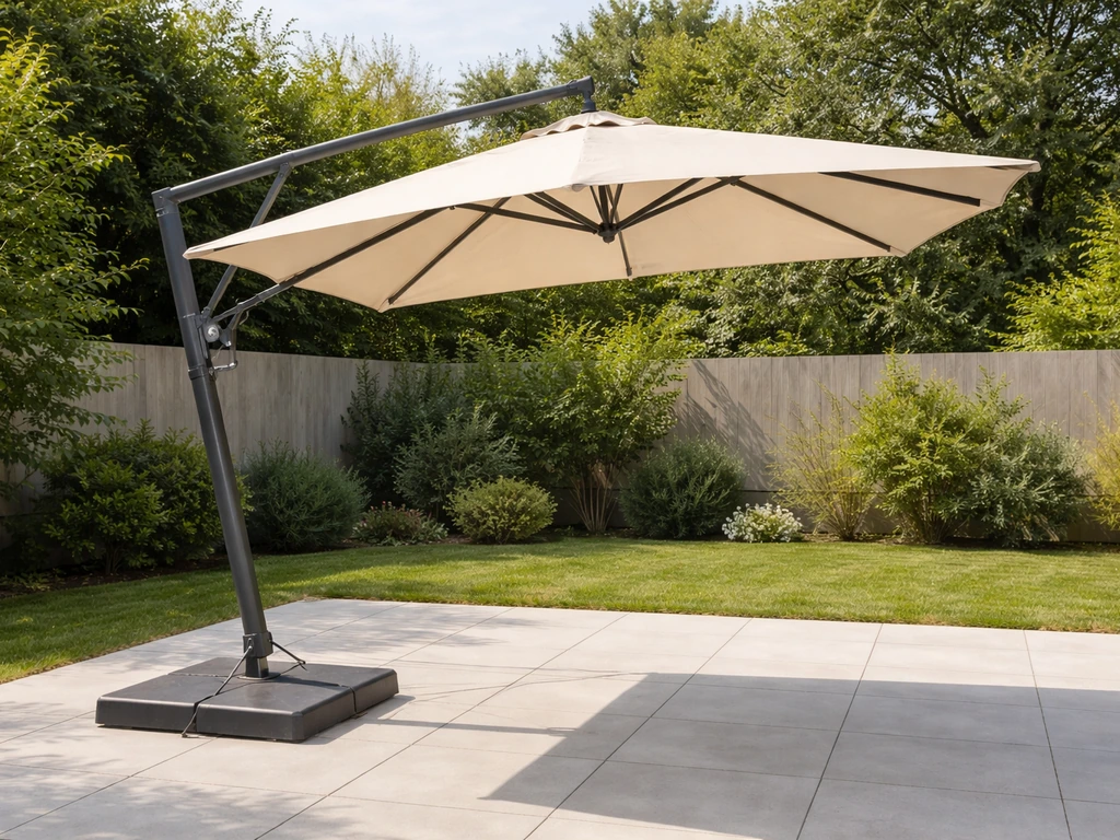 Fully assembled cantilever patio umbrella on a home patio, showing the offset canopy overhang and mast/crank area.