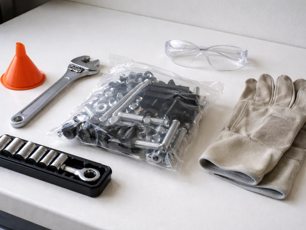 Adjustable wrench, socket set, and funnel laid beside a patio umbrella hardware pack with safety items nearby.