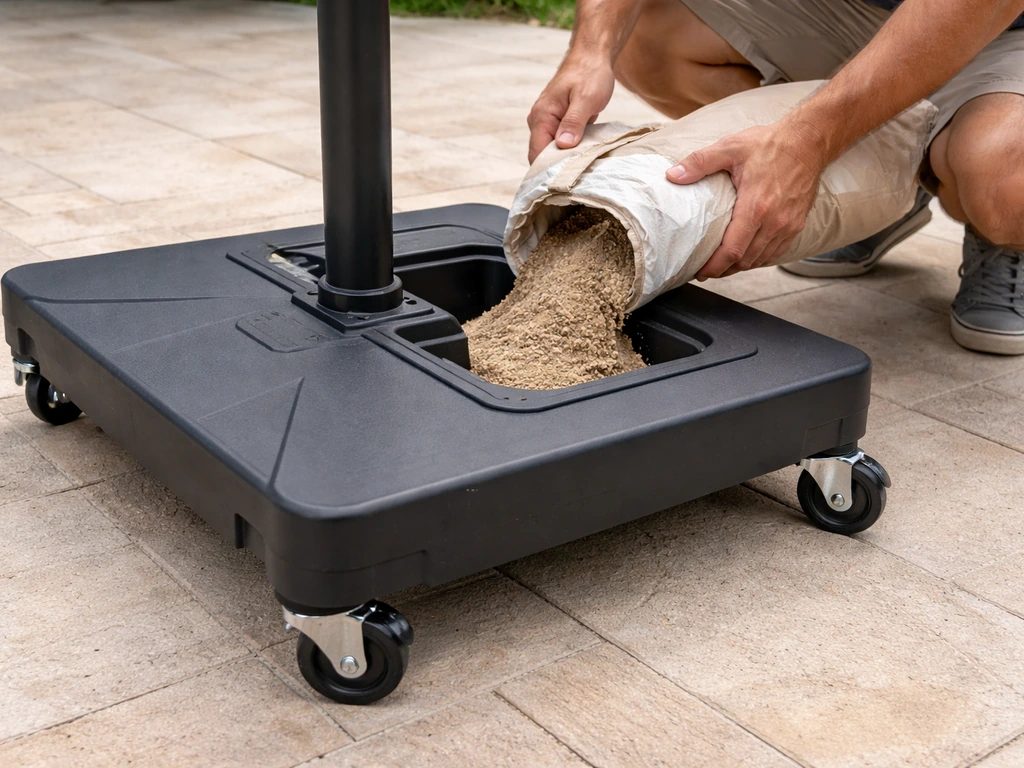 Hands pouring heavy weight material into a wheeled umbrella base on a patio, ready to secure it.