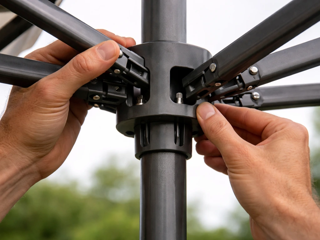Hands stabilize a canopy hub on a metal pole while ribs are seated into the top slots.