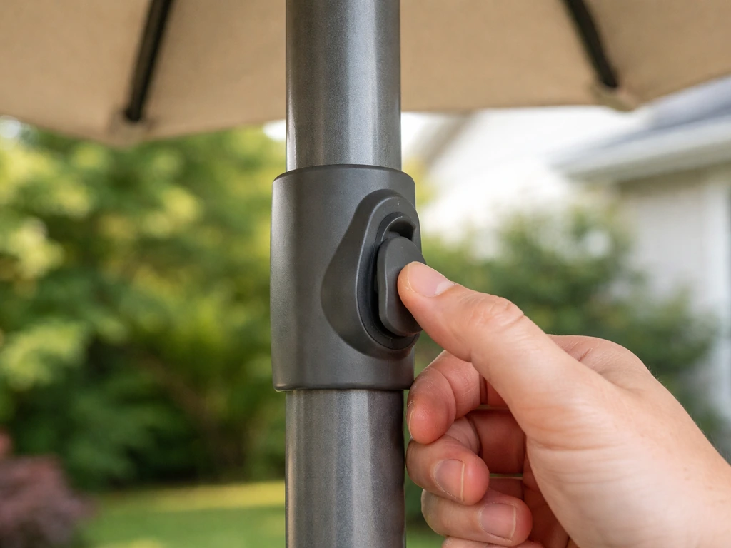 Hand adjusting an awning tilt lever/button on the mast while the canopy angle changes.