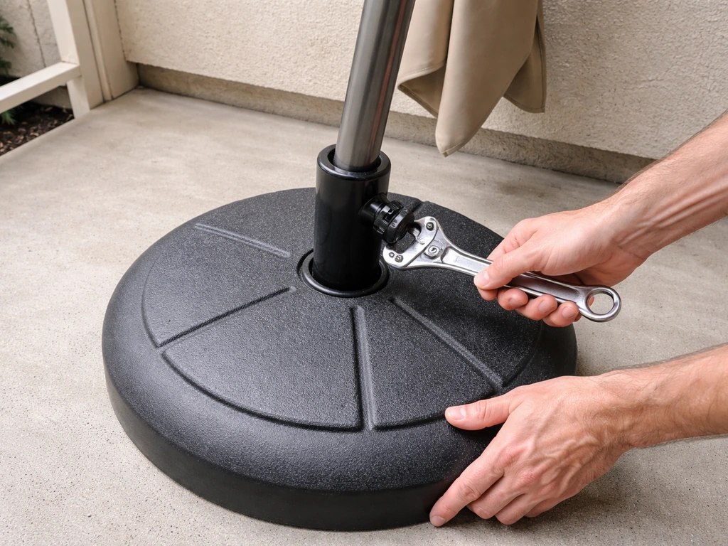 Person tightening an umbrella pole-to-base connection with a wrench on a patio, showing instability check