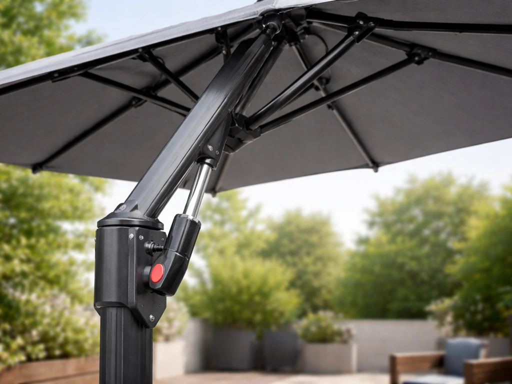 Cantilever umbrella canopy mid-open, showing the side trigger-lift mechanism releasing the support.