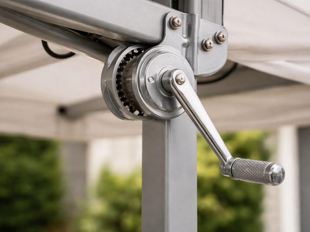 Close-up of a visible crank hub showing a clockwise-opening motion in a simple outdoor canopy mechanism.