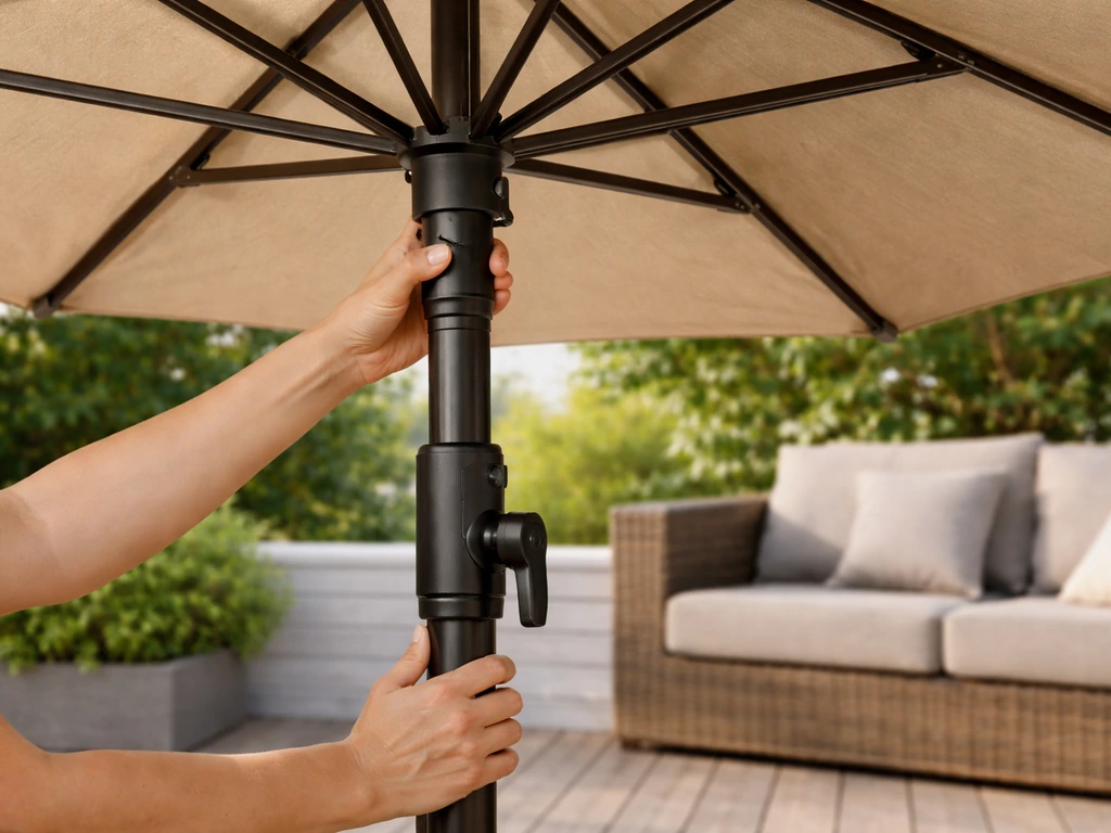 Hands setting up an outdoor patio umbrella with ribs, tilt hardware, and base visible.