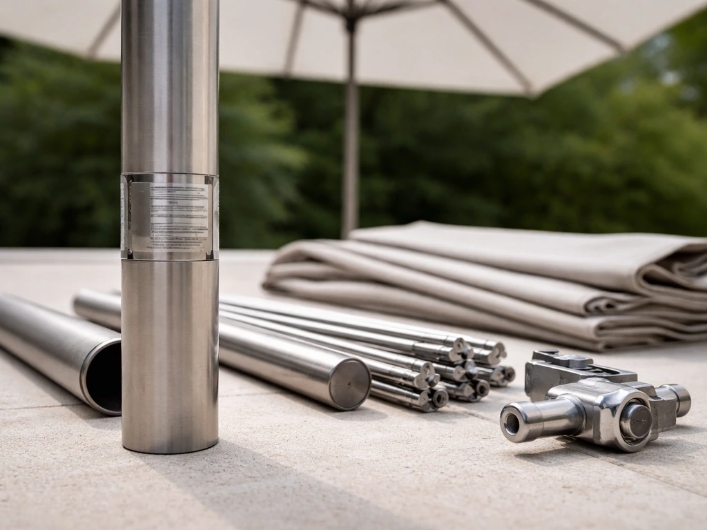 Close-up of an umbrella model-number label area with nearby parts: pole, ribs, canopy fabric, and crank hub.