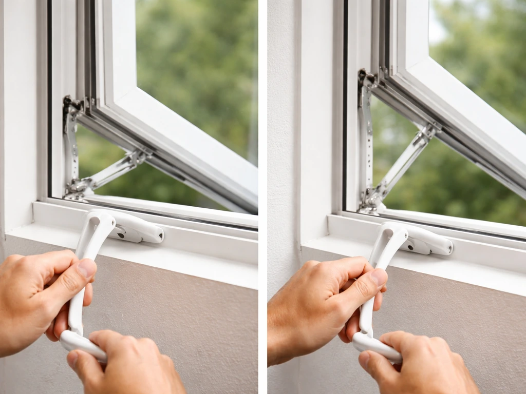 Close-up of hands turning a crank on a window/door mechanism at fully open position with tilt angled.