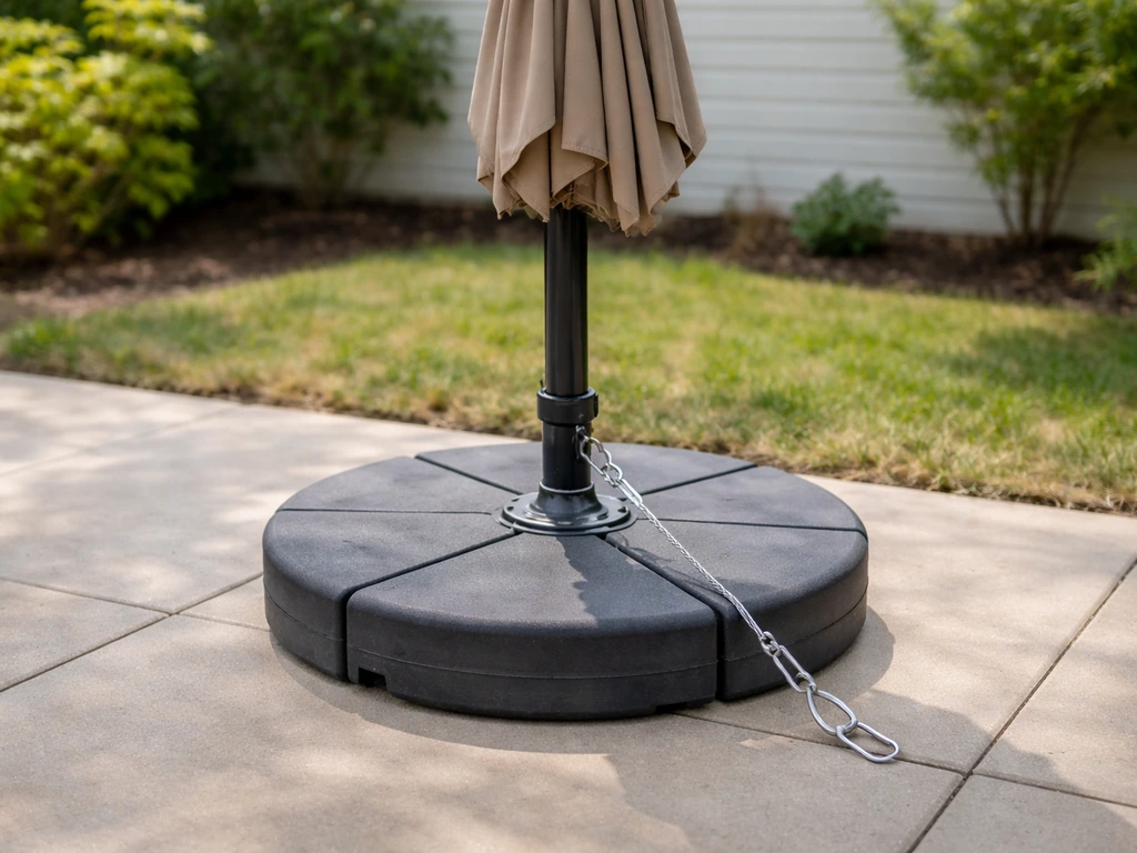 Closed patio umbrella with a properly filled weighted base and anchored straps on a tiled patio