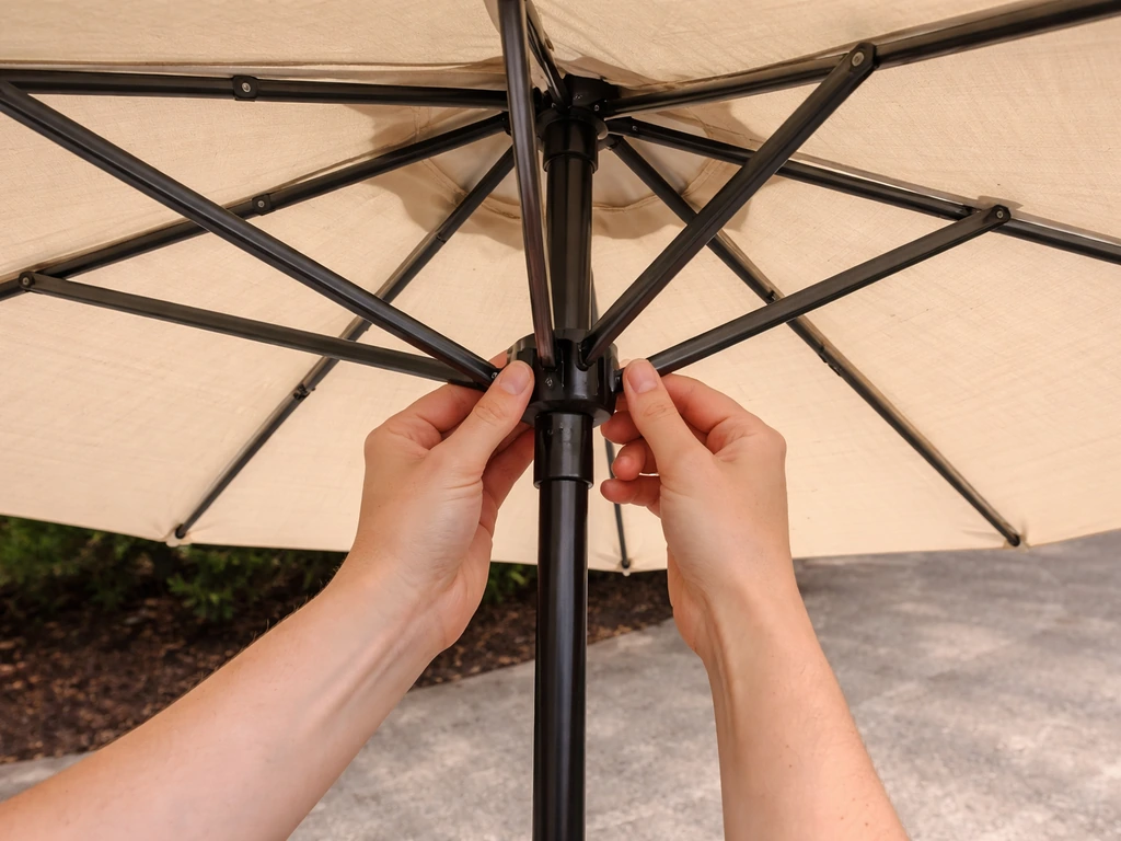 Person’s hands open and adjust a patio umbrella canopy so the ribs extend evenly