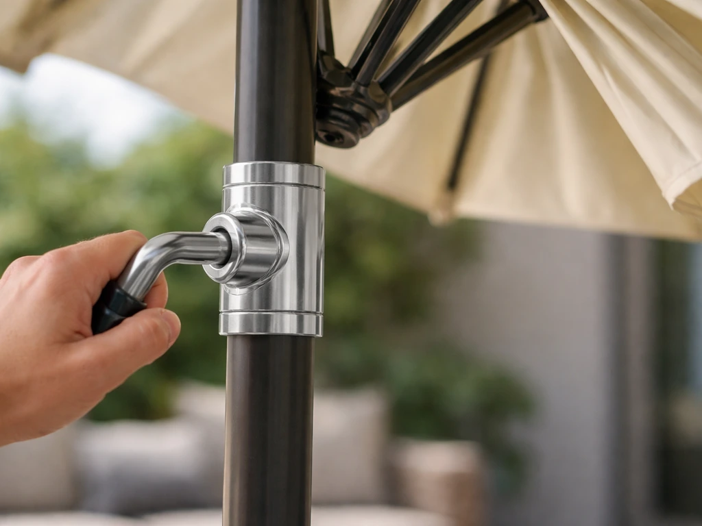 Close-up of a crank handle turning to open and lift a patio umbrella canopy