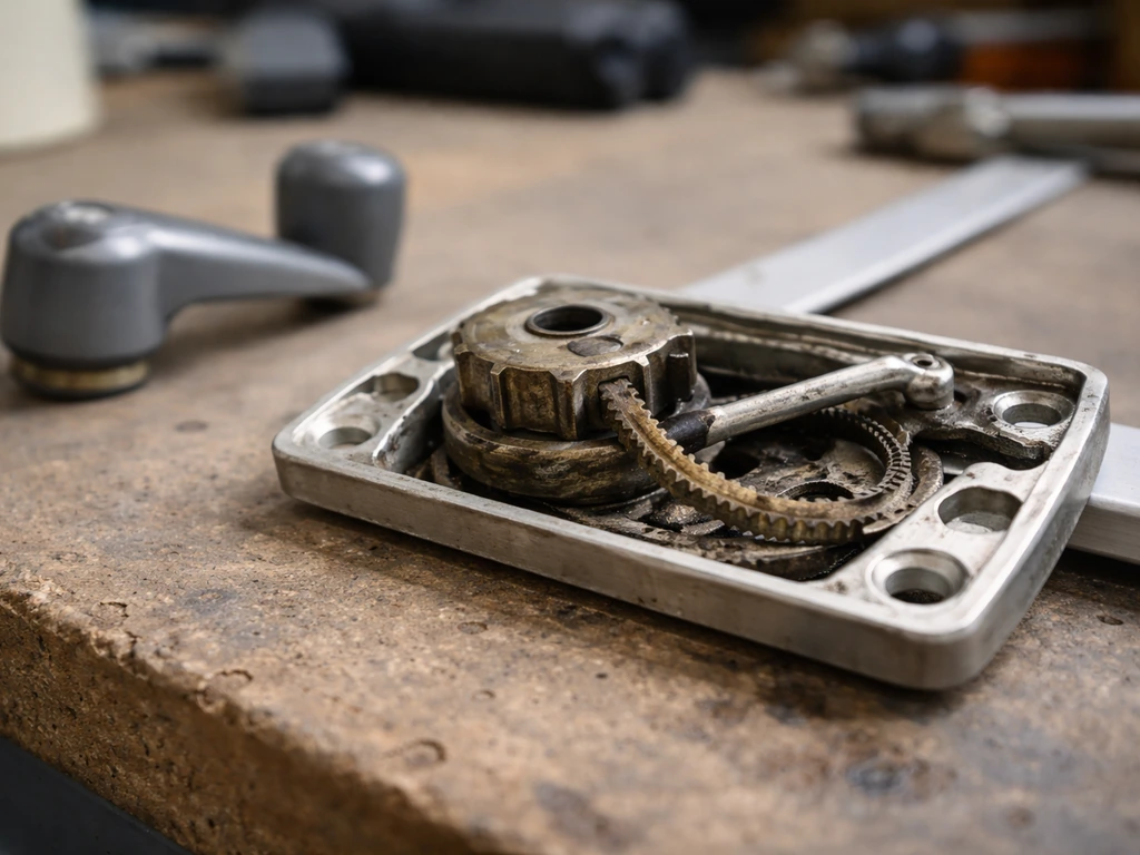 Close-up of a partially disassembled window crank with visible worn cable and misaligned gear, on a workbench