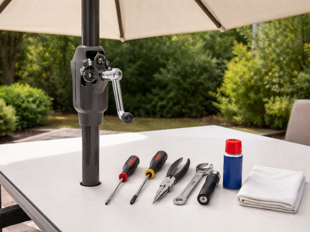 Umbrella crank housing with troubleshooting tools laid out beside the pole