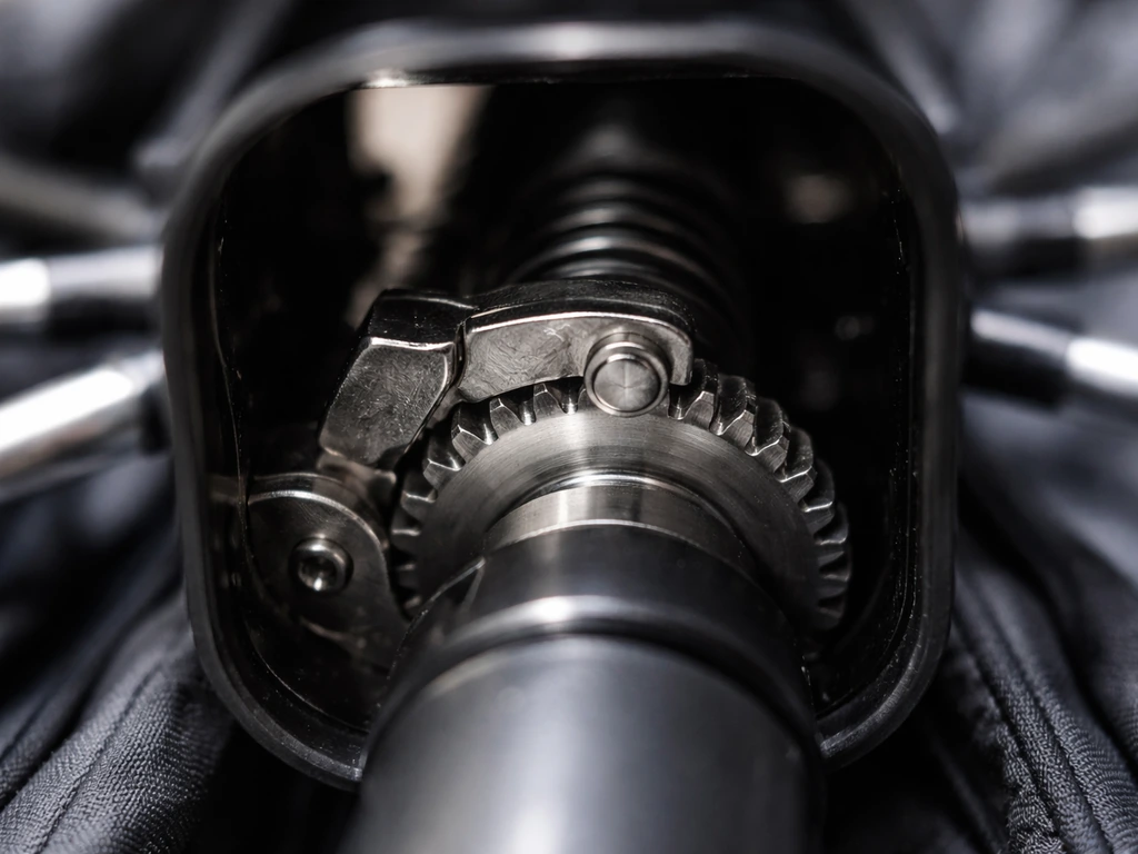 Close-up of a compact umbrella’s ratchet wheel and pawl inside the housing, showing a non-locking failure point.