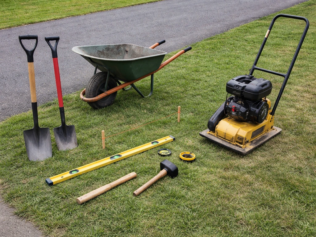Patio DIY tools neatly laid out on grass: spade, mattock, wheelbarrow, spirit level, pegs and line, mallet, compacting p