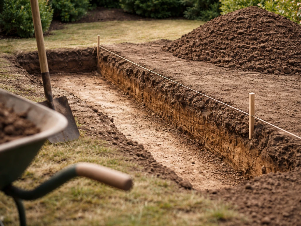 Excavated trench with exposed soil layers and a simple string line indicating drainage slope direction.