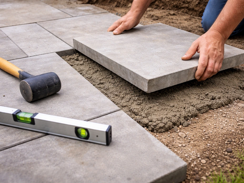 Hands spreading semi-dry mortar for a paving slab and setting it down with a rubber mallet and level nearby.