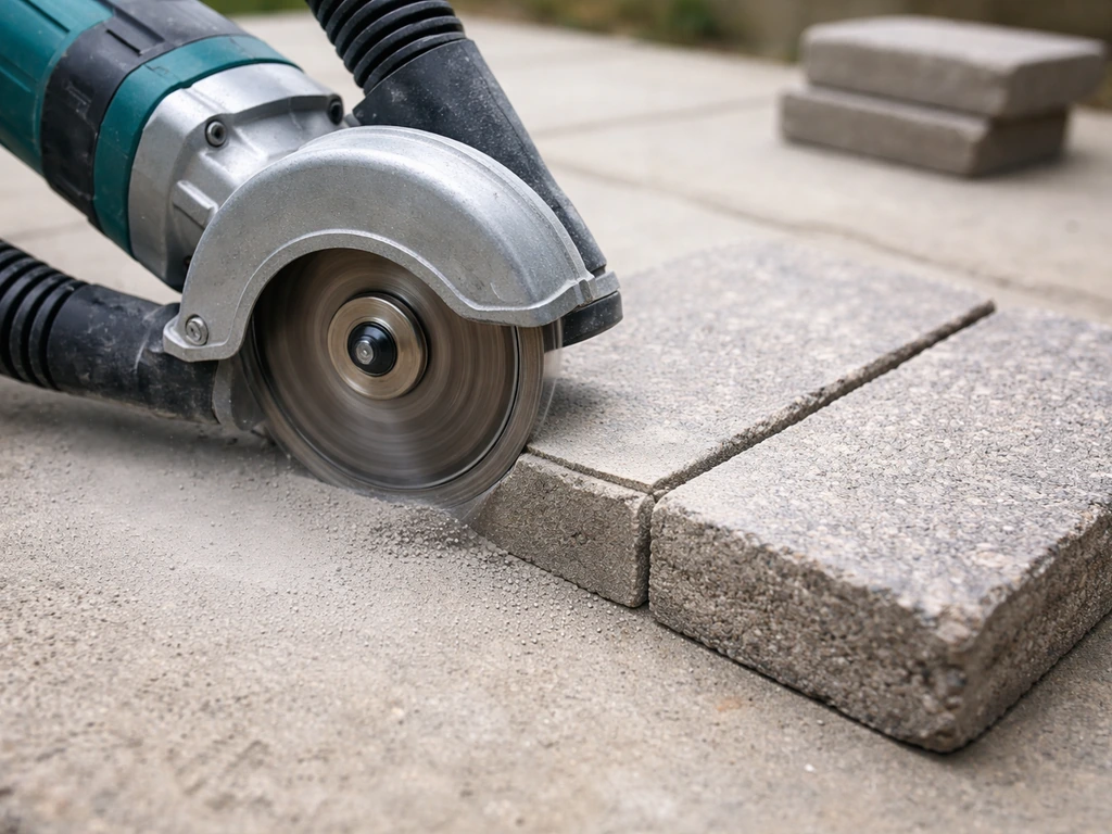 Angle grinder with diamond blade cutting a paving slab; dust shroud visible during a test fit.
