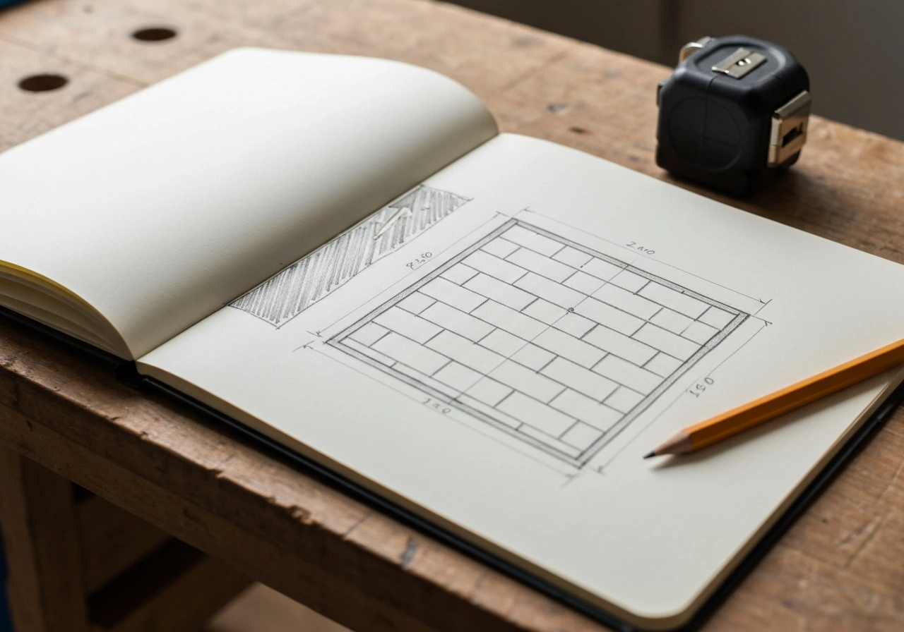 Close-up sketchbook showing a simple rectangular patio footprint and drainage slope notes with a tape measure.