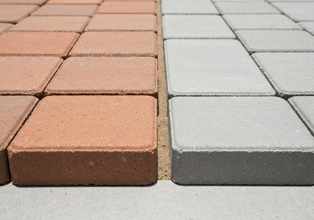 Side-by-side close-up of clay and concrete patio pavers showing their surface texture and thickness.