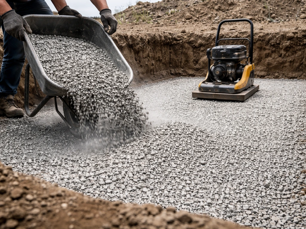 Compaction-ready gravel is spread in thin lifts in an excavated area with a plate compactor nearby.