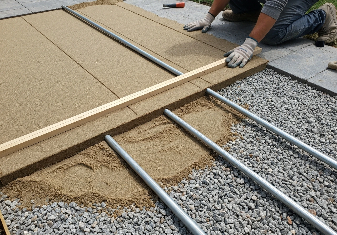 Coarse bedding sand spread and screeded smooth with two metal rails and a straight board