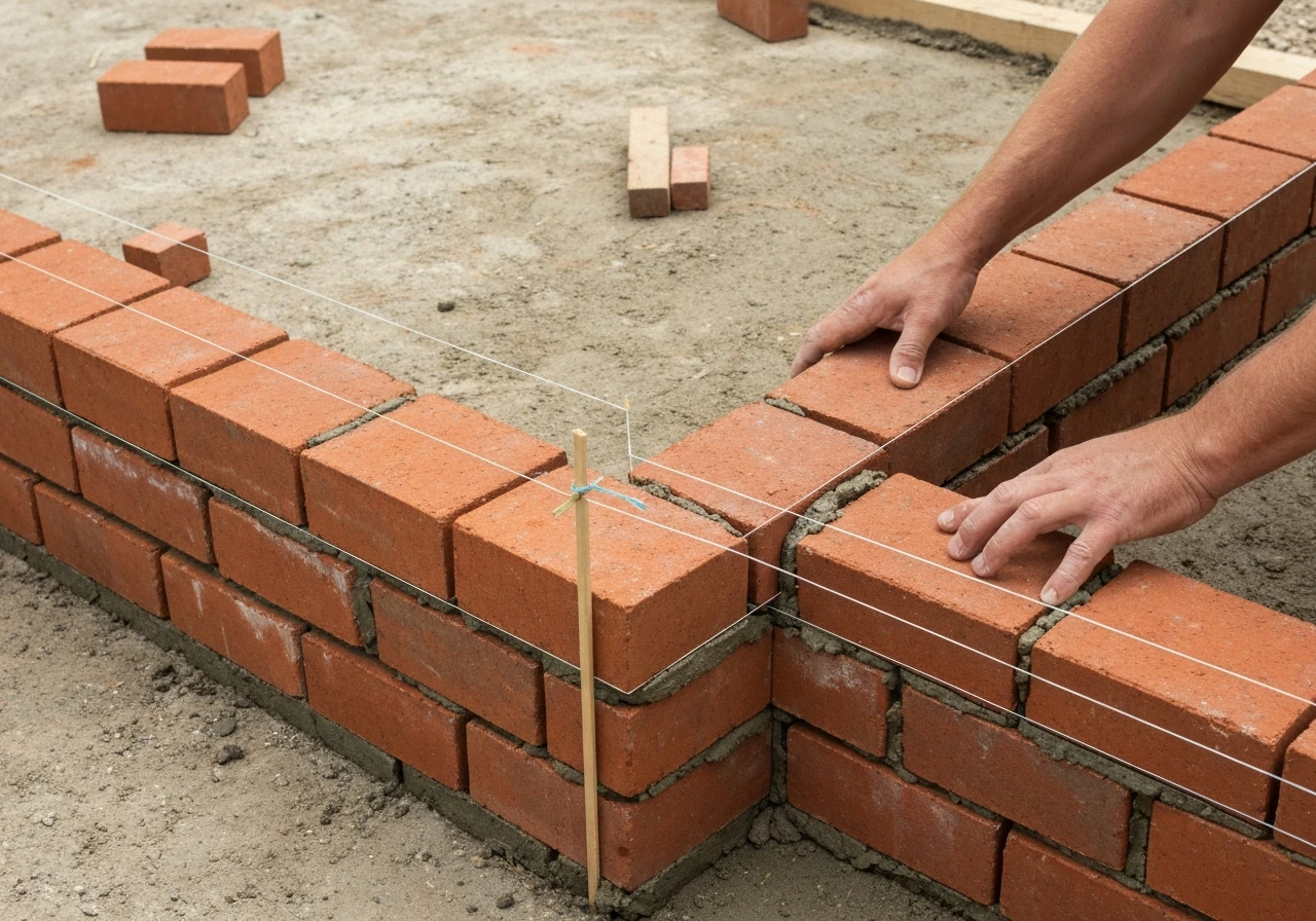 Hands placing the first brick row at a right corner, aligned with taut string lines on a mortar bed.