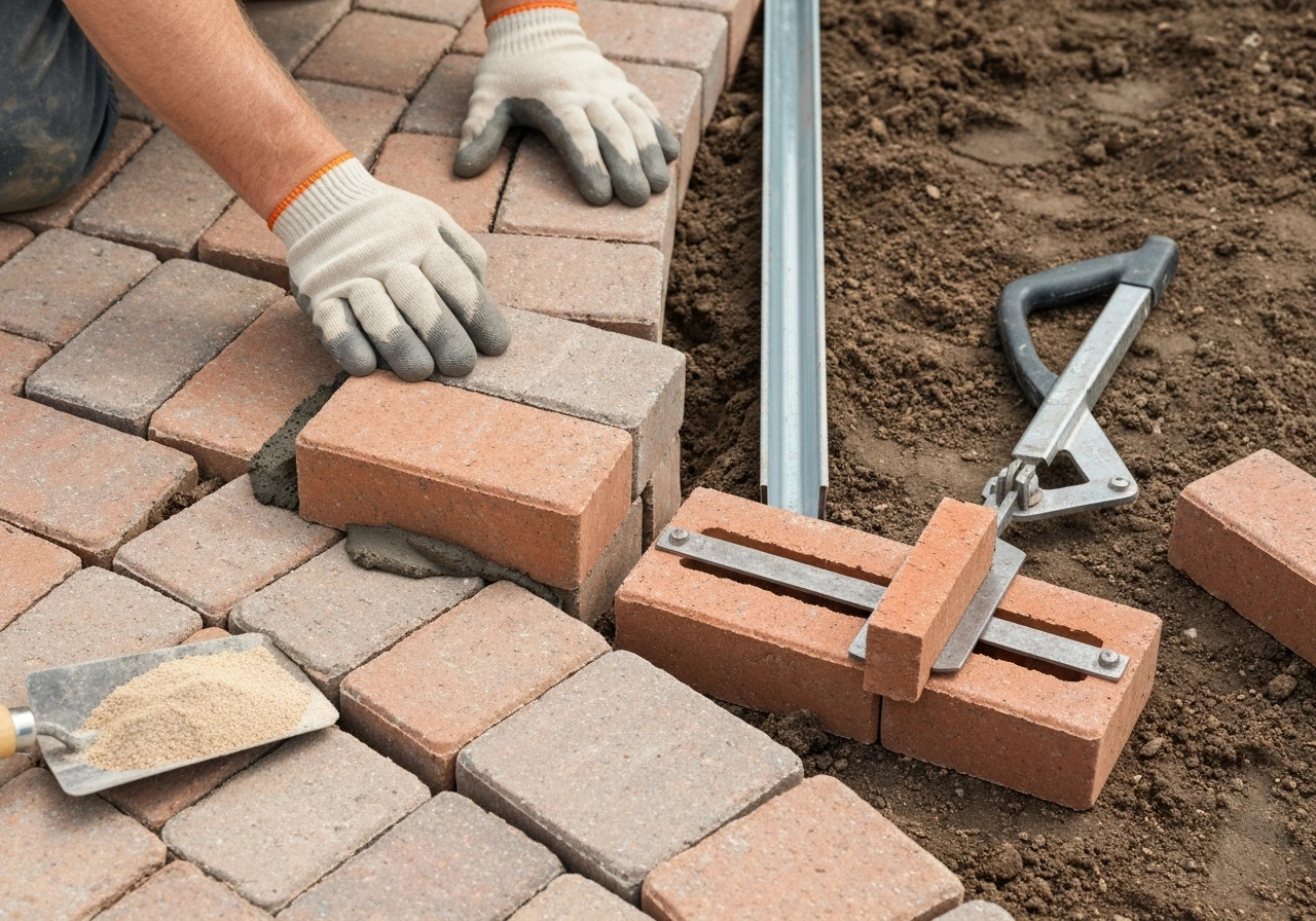 Worker hands cutting brick and placing edge restraints along a patio border, with joints ready to be filled.