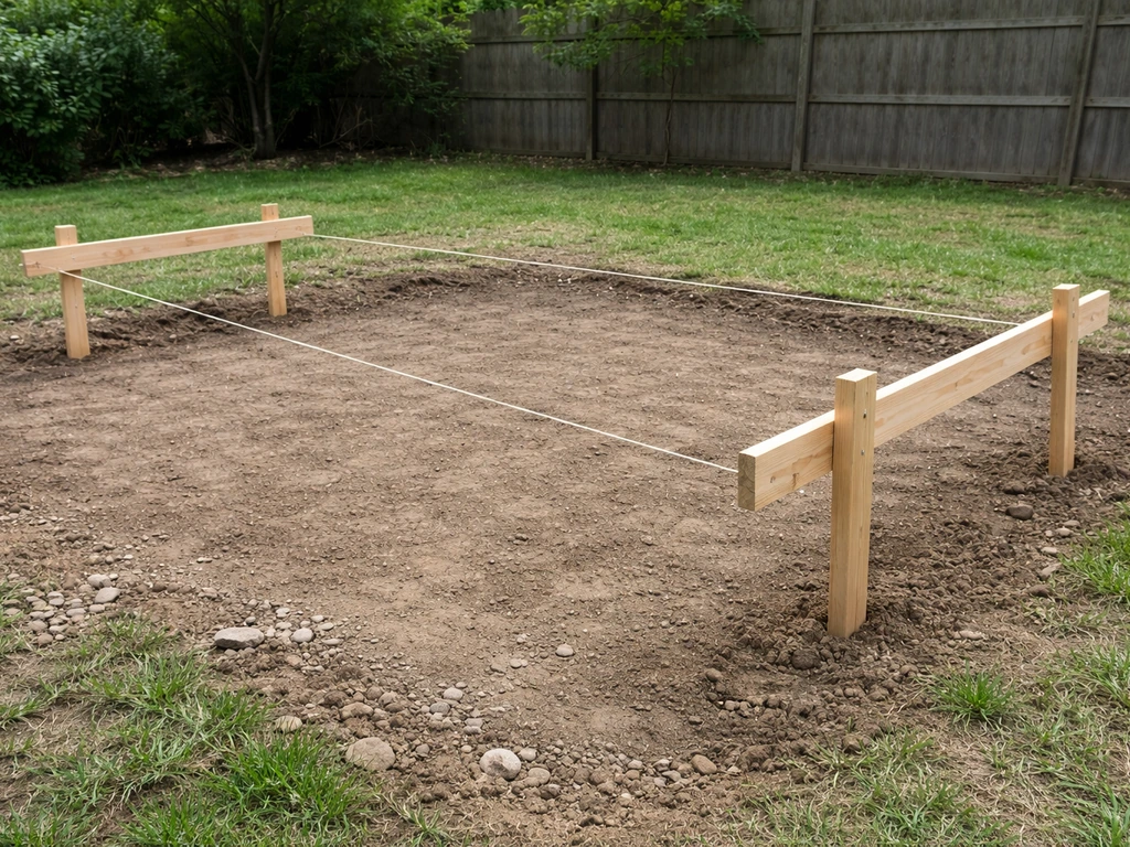 Wooden batter boards with taut string lines marking a patio perimeter on bare ground