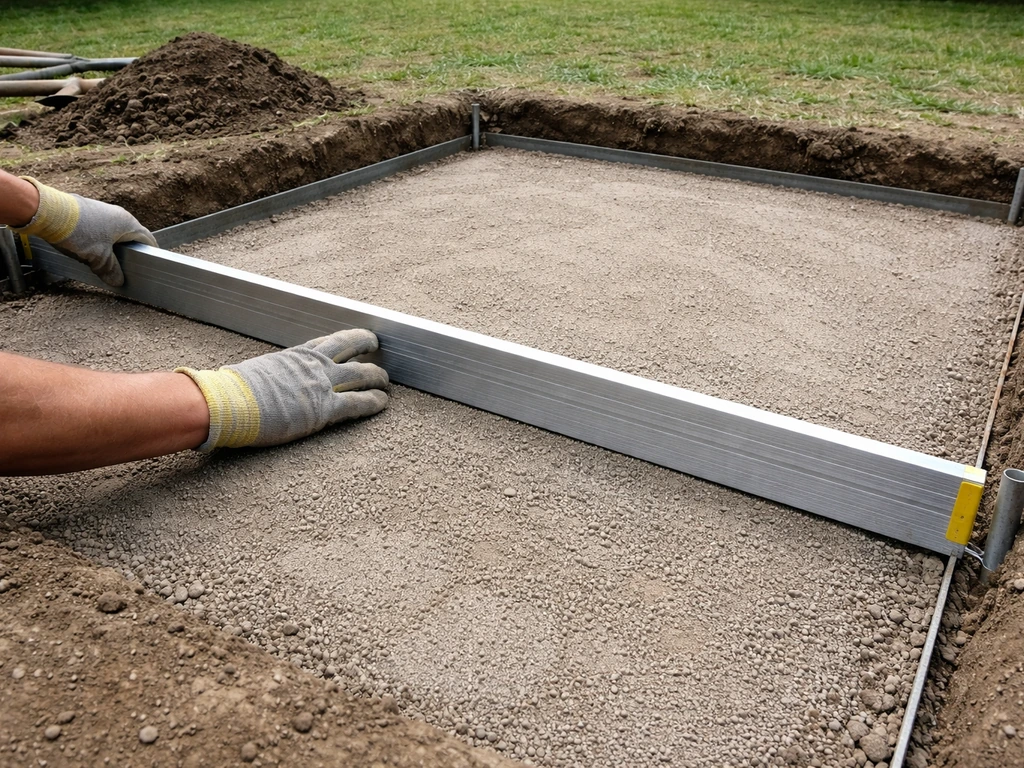 Hands using a straightedge on a leveled patio excavation base with a compacted soil profile