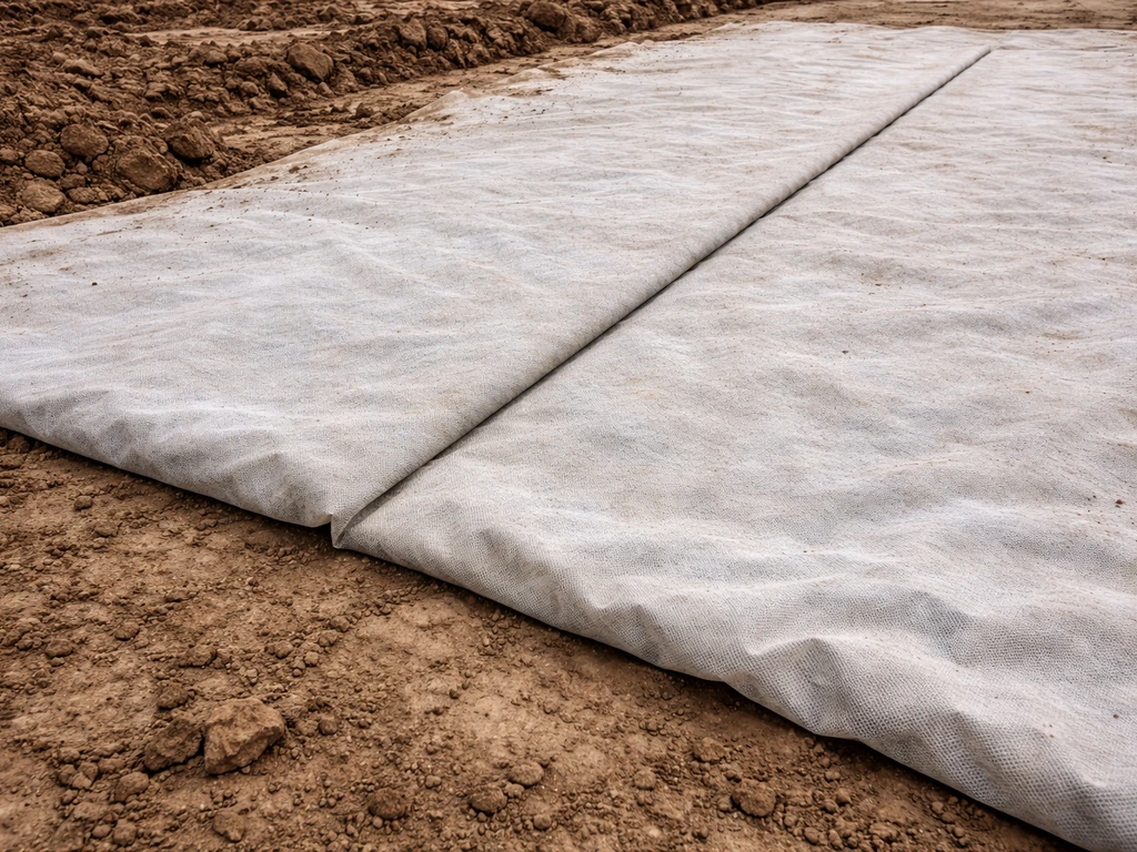 Geotextile membrane laid on prepared soft ground with an overlapping seam visible before base material.