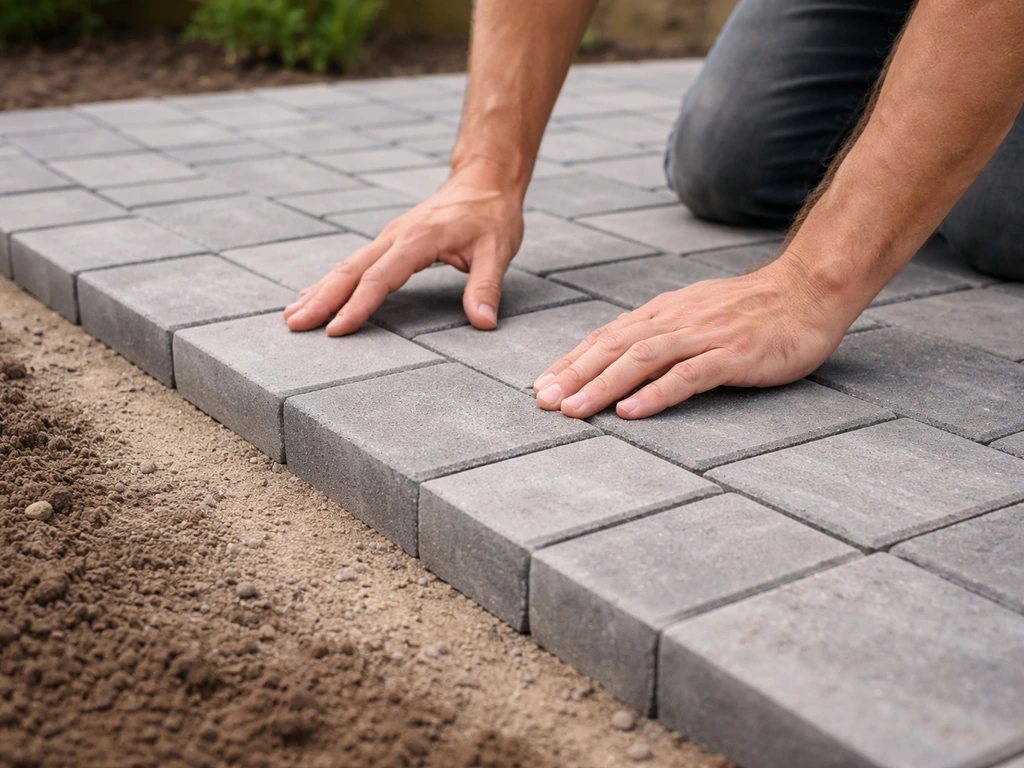 Close-up of patio pavers laid in a neat running bond pattern with a clean edge cut transition