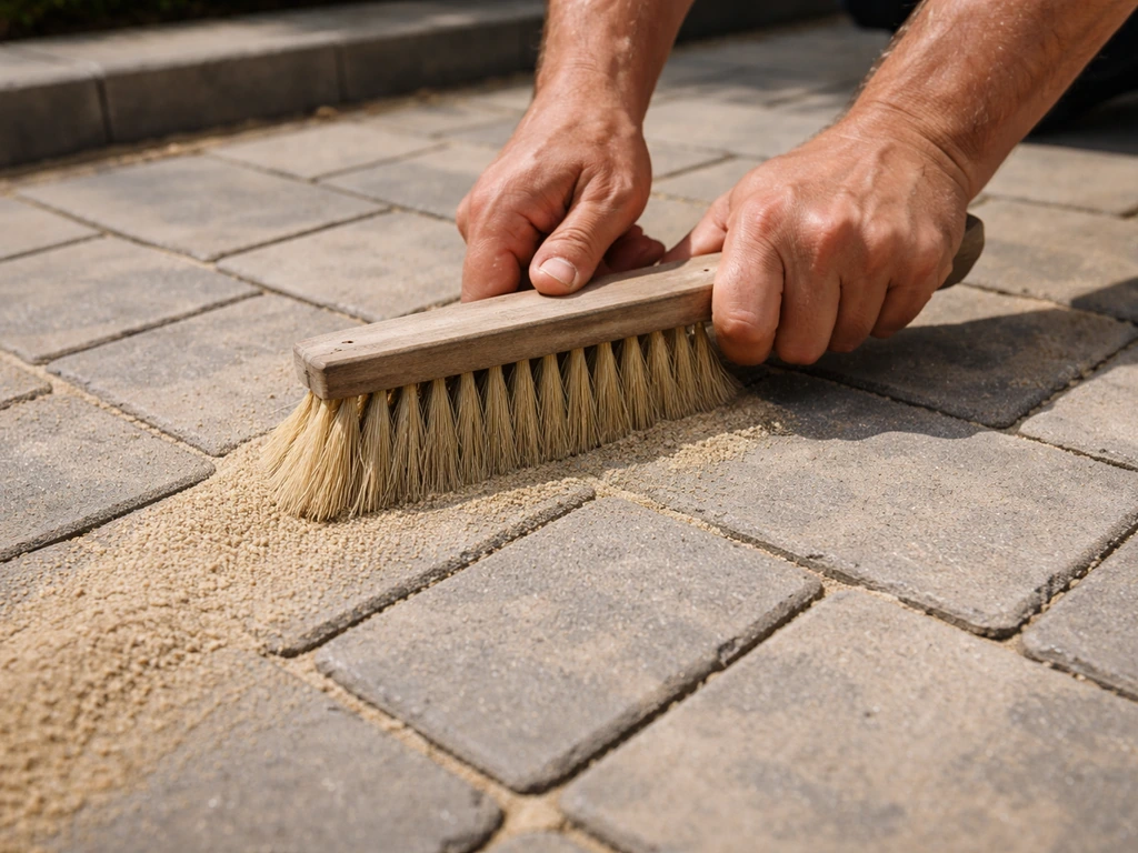 Hands brushing kiln-dried jointing sand into gaps between patio block pavers, sweeping off excess.