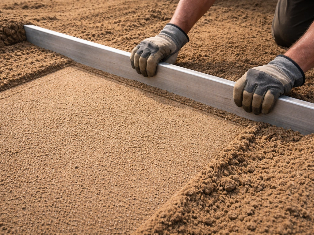 Coarse sand bed being leveled with a straightedge before block paving is laid.
