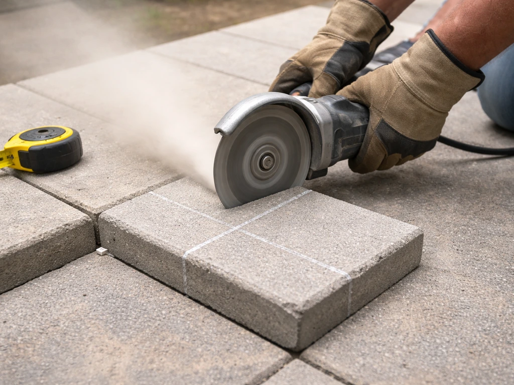 Angle grinder cutting a concrete patio block near a measuring tape and spacer gap on a patio
