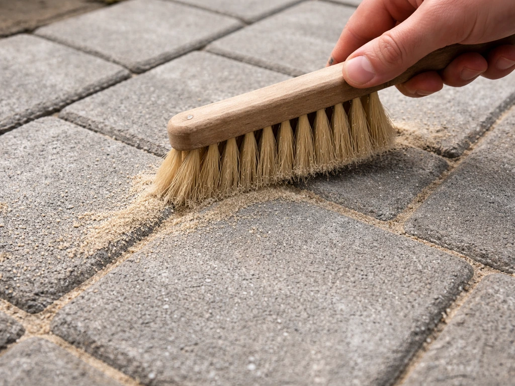 Close-up of a brush filling gaps between concrete blocks with fine kiln-dried jointing sand.