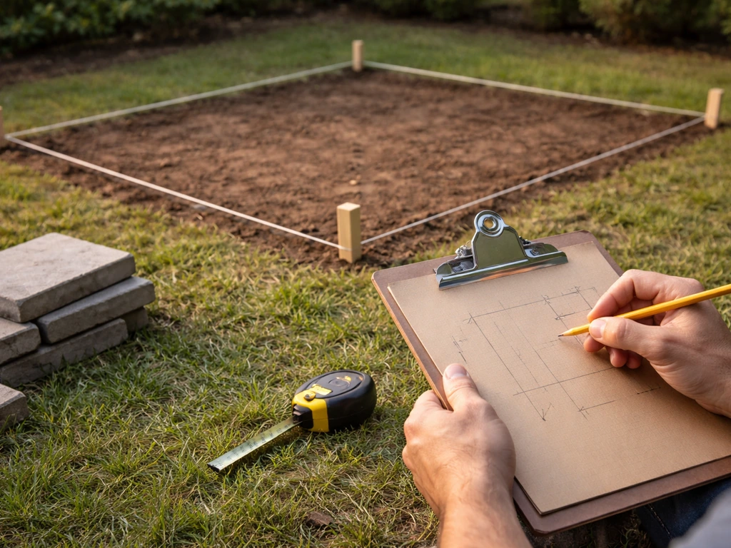 Hands sketching patio dimensions on paper with string marking a rectangle outline on the ground
