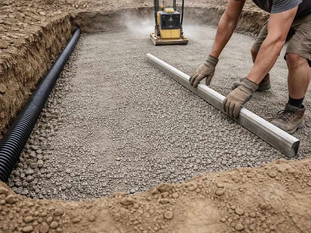 Dug-out patio base with compacted sub-base and an installed drainage trench, contractor working hands visible.