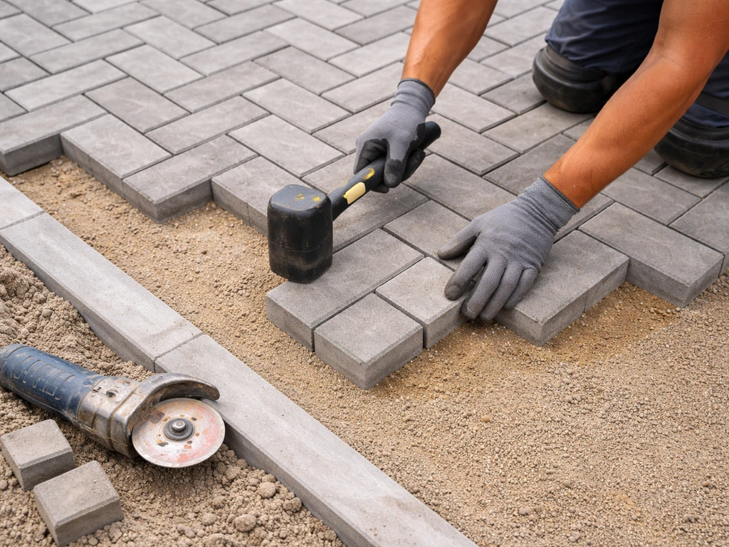 Hands place and tap herringbone pavers into screeded sand with a cut section and paver cutter nearby.