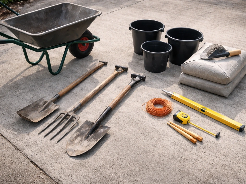 UK DIY tools laid out for mortar-bedded patio slabs on a driveway/workbench: spade, wheelbarrow, string line, level.
