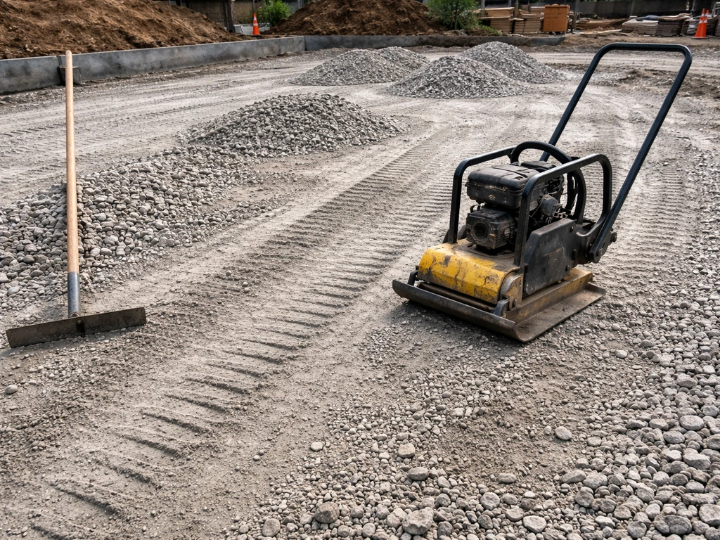 Workers compacting freshly laid MOT Type 1 sub-base with a plate compactor on a prepared ground base.