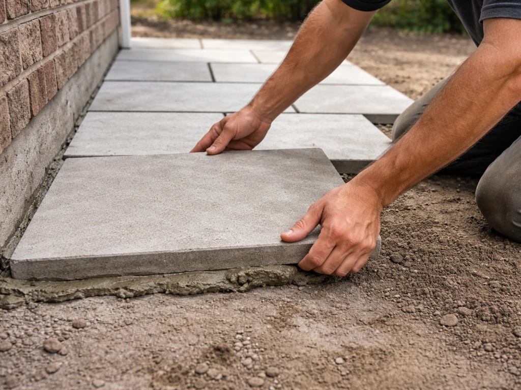 Worker’s hands placing a patio slab onto fresh mortar, aligned from a fixed edge with staggered joints visible