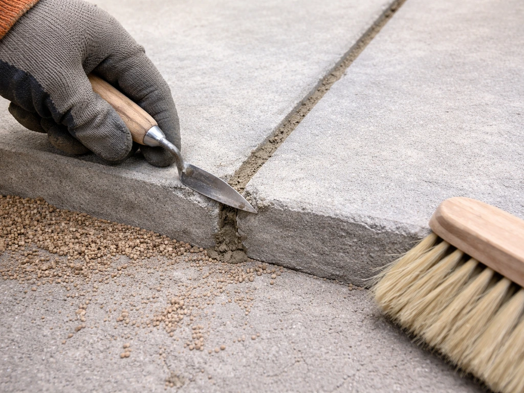 Close-up of a hand tool pointing mortar joints between patio slabs, with sand and brushing nearby.