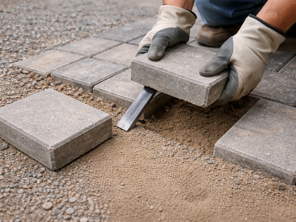 Gloved hands lift a concrete paver from a sand bed, exposing the bedding/base layer for repair.
