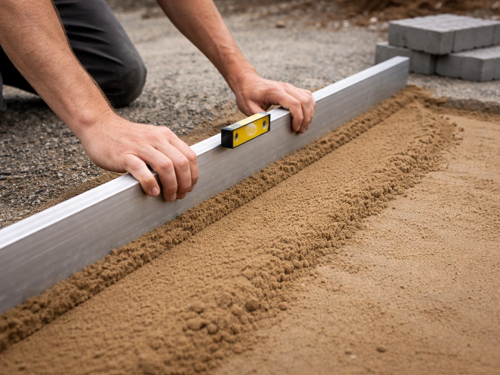 Hands screeding wet bedding sand with a straightedge and checking slope with a bubble level before pavers.