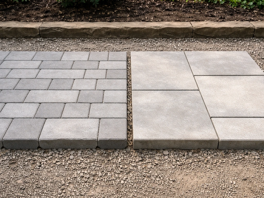 Side-by-side concrete block pavers and paving slabs on compacted gravel, showing thickness differences.